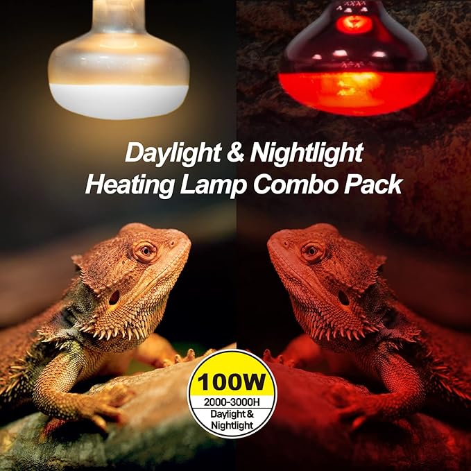 WACOOL 2Pack 100W Reptile Heat Lamp Day & Night Kit, Nature Simulated Basking Daylight & Nightlight Heat Lamp Bulbs for Reptiles & Amphibians, UVA Heat Lamp for Bearded Dragon Gecko Turtle Lizard WACOOLTERRA