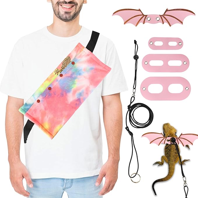 Bearded Dragon Carrier and Leash Harness with Wings, Small Animal Sling Carrier and Reptile Carrier, Lizard Adjustable Harness and Sling Bag for Outdoor Travel Walking Rest Esmorah