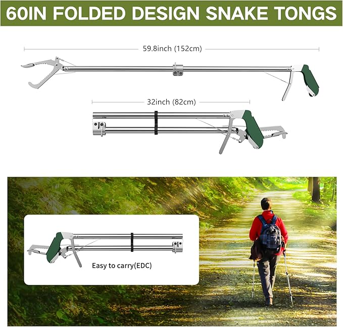 60“ Snake Tongs Collapsible Grabber, Professional Reptile Snake Catcher Wide Jaw Handling Tool, Stainless Steel Snake Hook GYORGKSHI