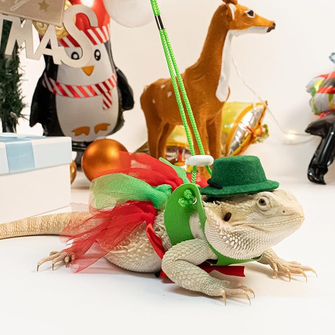 Bearded Dragon Christmas Costume Tutu Skirt Bowler Hat Leash Harness Reptile Christmas Cosplay Accessories Set for Lizard Leopard Gecko(Green) WODISON