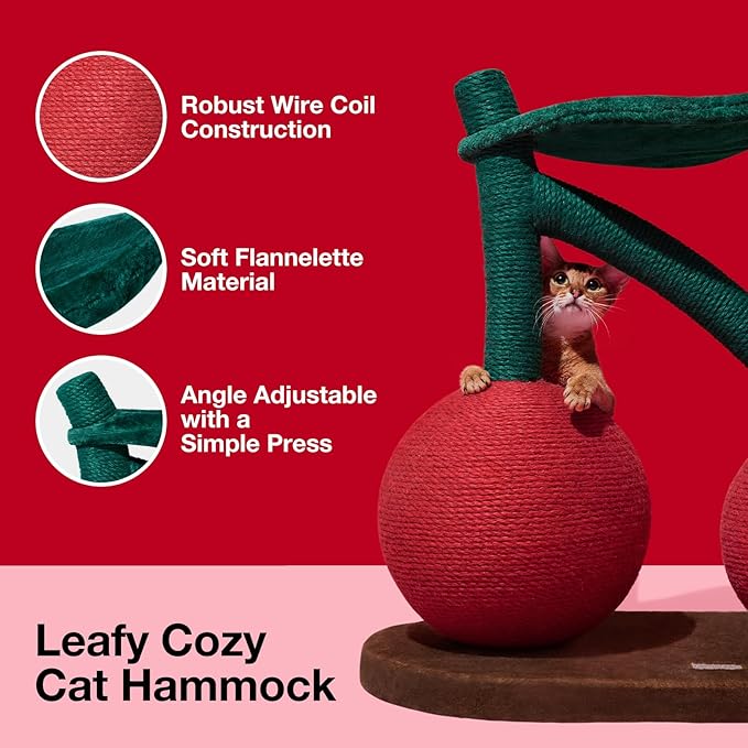 VETRESKA Cat Scratching Post, Large Cherry Cat Scratcher with Hammock, Tall Cat Scratch Interactive Toy with Natural Sisal Rope for Indoor Cats, Kittens - PAWPICO
