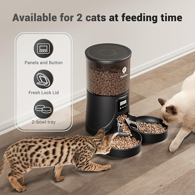 Dual Automatic Cat Feeder: Cat Feeder Automatic for 2 Cats- Timed Auto Feeder 16 Cups/4L Cat Food Dispenser& Dual Power Auto Pet Feeder for Indoor Cat&Dog| 1-6 Meals Portions Control, Black - PAWPICO