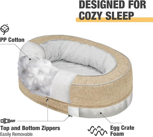 Veehoo Cat Bed for Kitten, Anti-Anxiety Donut Pet Bed with Removable Washable Cover, Indoor Oval Orthopedic Cat Bed with Egg Crate Foam Support & Non-Slip Bottom 19.7" x 15" Beige Coffee - PAWPICO