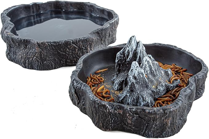 2 Pack Large Reptile Food Bowl and Water Bowl Set, Drowning Prevention Reptile Water Dish and Reptile Food Dish with Simulated Rockery, Reptile Feeder Terrarium Decoration Bowls REPTIZOO
