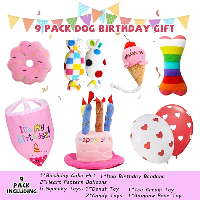 Dog Birthday Toys, Birthday Gift for Dogs, Happy Birthday Dog Toy Girl, Squeaky Plush Birthday Cake Hat Bandana for Dog Birthday Party, Birthday Gift for Small & Medium Dog, 9 Pack Pink - PAWPICO