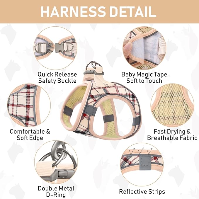 GAMUDA Small Dog Harness Collar and Leash Set, Step in No Chock No Pull Soft Mesh Adjustable Dog Vest Harnesses Plaid Reflective for Dogs Puppy Cats Kitten Rabbit (Beige, XL) GAMUDACollarsCollection