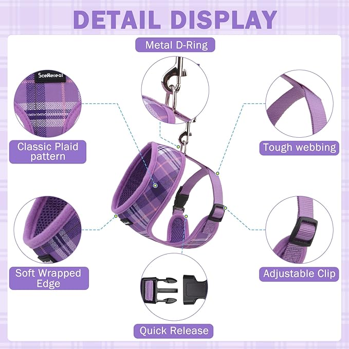 SCENEREAL No Pull Dog Harness Collar and Leash Set Small Medium Sized Dog, Soft Mesh Step in Puppy Harnesses, No Chock Plaid Adjustible Pet Vest for Outdoor Walking Training and Running, Purple XS SCENEREAL