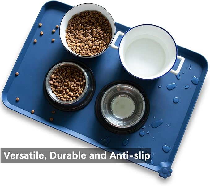 Hoki Found Large Silicone Pet Food Mats Tray - Non Slip Pet Dog Cat Bowl Mats Placemat - Dog Pet Cat Feeding Mat - Waterproof Dog Cat Food Mats -Pet Water Mats for Floors -Indigo Ink - PAWPICO