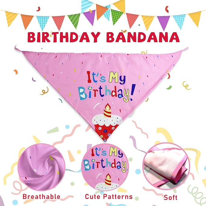 Dog Birthday Toys, Birthday Gift for Dogs, Happy Birthday Dog Toy Girl, Squeaky Plush Birthday Cake Hat Bandana for Dog Birthday Party, Birthday Gift for Small & Medium Dog, 9 Pack Pink - PAWPICO