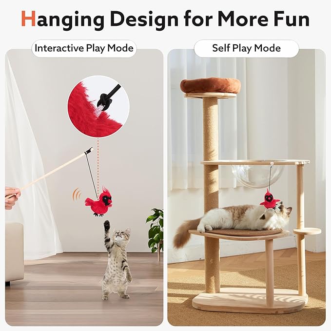 Flapping Cardinal Cat Toys, Interactive Cat Exercise Toy with Lifelike Bird Chirp, USB Rechargeable Automatic Cat Kicker Catnip Toys for Bored Indoor Adult Cats Kittens - PAWPICO