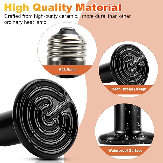 MIXJOY 75W Reptile Heat Lamp 2Pack Ceramic Heat Emitters Reptile Heat Lamp Bulbs, No Light Emitting Ceramic Heat Bulbs for Amphibian Terrarium Reptile Gecko Lizard Bearded Dragon Turtle Chicken Snake MIXJOY
