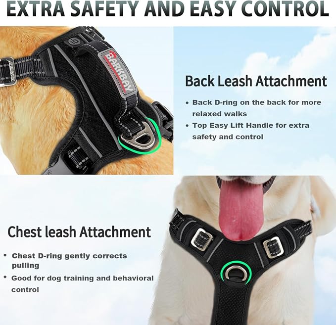 BARKBAY No Pull Dog Harness 3 Buckles Large Reflective Dog Harness with Front Clip and Easy Control Handle for Walking Training Running with ID tag Pocket(Black,L) BARKBAY