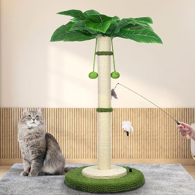Cat Scratching Post, 37.4 Inch Tall Scratching Posts for Indoor Cats, Sisal Rope Scratching Post with Hanging Ball, Cat Scratcher Post for Large Cat & Kitten with Feather Toy - PAWPICO
