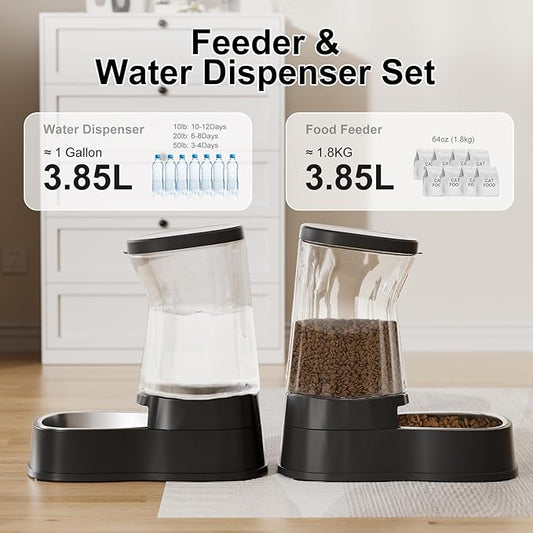 Automatic Pets Gravity Feeder and Water Dispenser Set with Stainless Steel Bowl, 1Gallon x 2 Stable Dog Food Feeder and Waterer, 100% BPA-Free for Small&Medium Dogs, Cats, Puppies(Black) - PAWPICO
