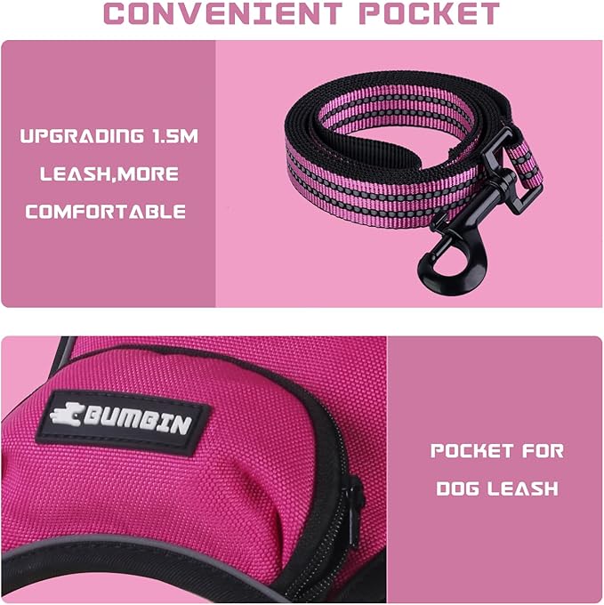 BUMBIN Dog Harness for Large Dogs, No Pull Adjustable No Choke Pet Vest with Dog Leash Fit Smart Reflective Pet Walking Harness for Training Easy Control Soft Handle Rose Red S BUMBIN