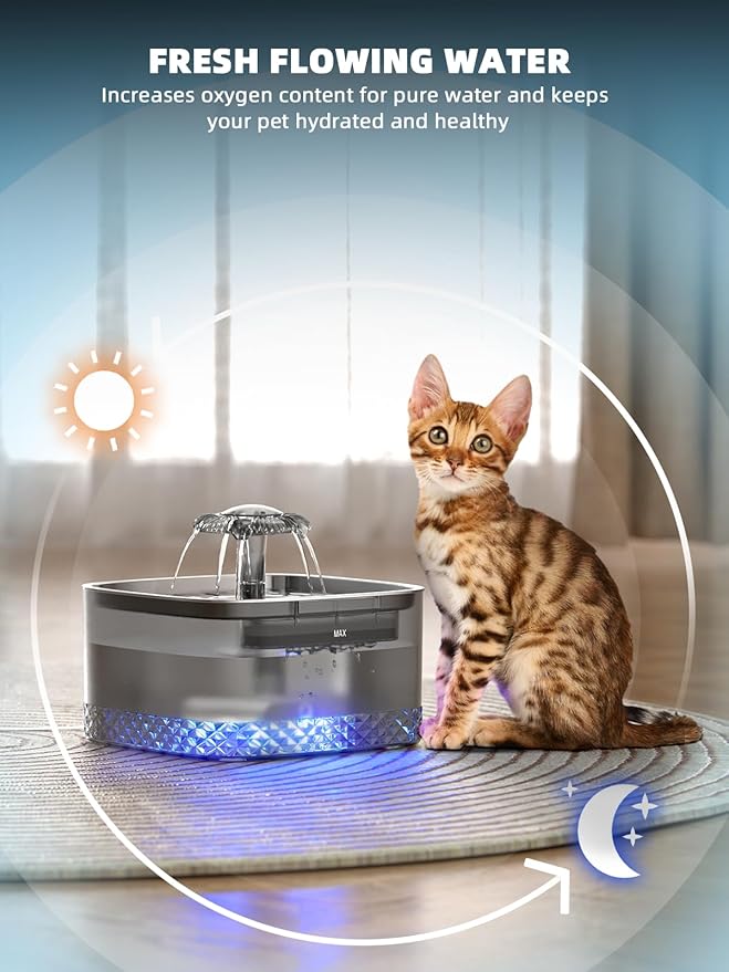 Cat Water Fountain: 75oz/2.2L Automatic Pet Water Dispenser for Cats, 304 Stainless Steel Water Tray, Cat Water Bowl Dispenser, Super Silent Pet Water Fountain for Cats Inside, Pump with LED Light - PAWPICO