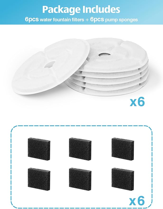 SIBAYS 6 Pack 7" Large Size Activated Carbon Cat Water Fountain F-ilters Replacement 300oz/9L Water Fountain with 5 Layers F-iltration System Pet Water Fountains,Coconut Shell and PP Cotton - PAWPICO