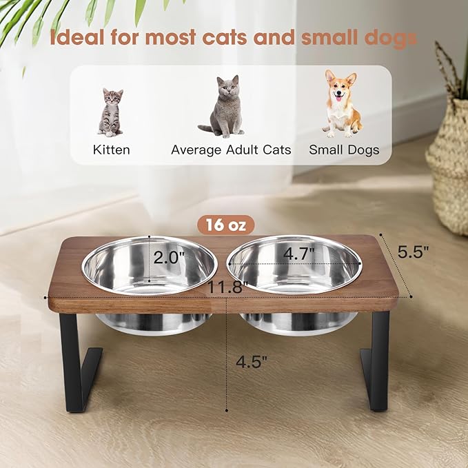 Elevated Cat Bowls, 15° Tilted Raised Cat Food Bowls Wood Pet Bowls with Stand Anti Vomiting 2 Stainless Steel Bowls for Cats and Puppy - PAWPICO