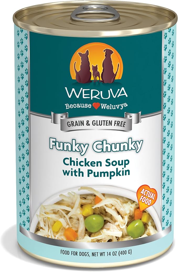 Weruva Classic Dog Food, Funky Chunky Chicken Soup with Chicken Breast & Pumpkin in Gravy, 14oz Can (Pack of 12) - PAWPICO