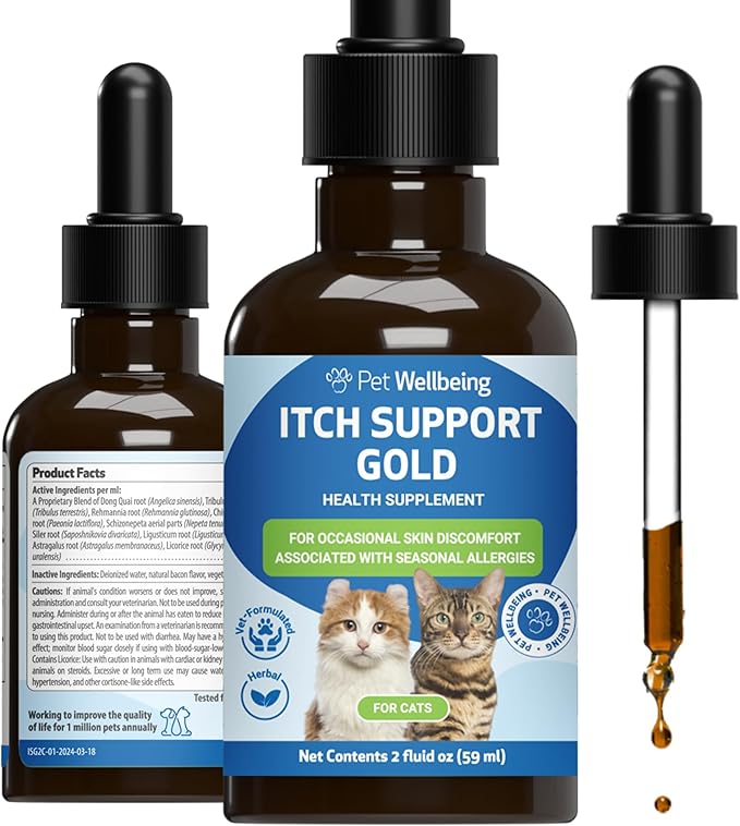 Pet Wellbeing Itch Support Gold for Cats - Occasional Itching, Scratching, and Hot Spots, Environmental and Seasonal Allergies, Dong Quai - Veterinarian-Formulated Herbal Supplement 2 oz (59 ml) PetWellbeing