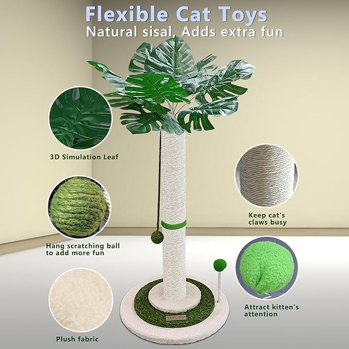 Cat Scratching Post 38" Tall Scratching Post for Indoor Cats Cat Scratcher Cat Tree Wrapped Sisal Rope Large Cat Scratching Post Cute Cat Scratching with Interactive Dangling Balls and Spring Ball - PAWPICO