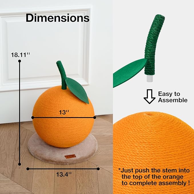 VETRESKA Orange Cat Scratching Post, Cute Cat Scratcher with Sisal Rope, Vertical Cat Scratch Post for Indoor Cat and Kitten, Cat Scratching Ball - PAWPICO