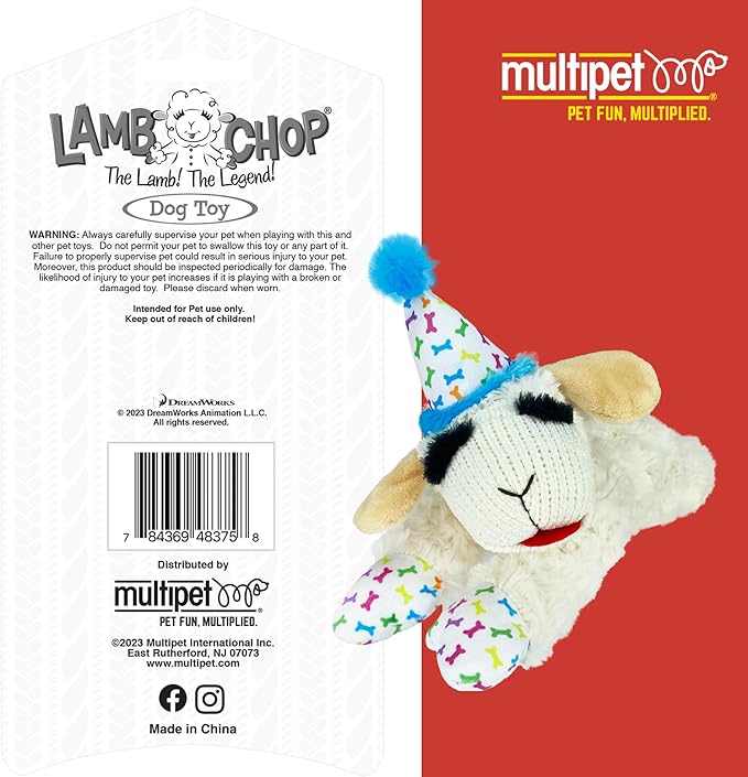 Multipet Lamb Chop Dog Plush Toy w/Birthday Hat - Squeaky Dog Toy for All Dogs - Soft Plush Dog Toy - Stuffed Animal Dog Toy for Playing - Cute Dog Birthday Toy (10.5”, Blue Hat, 5 Squeakers) - PAWPICO