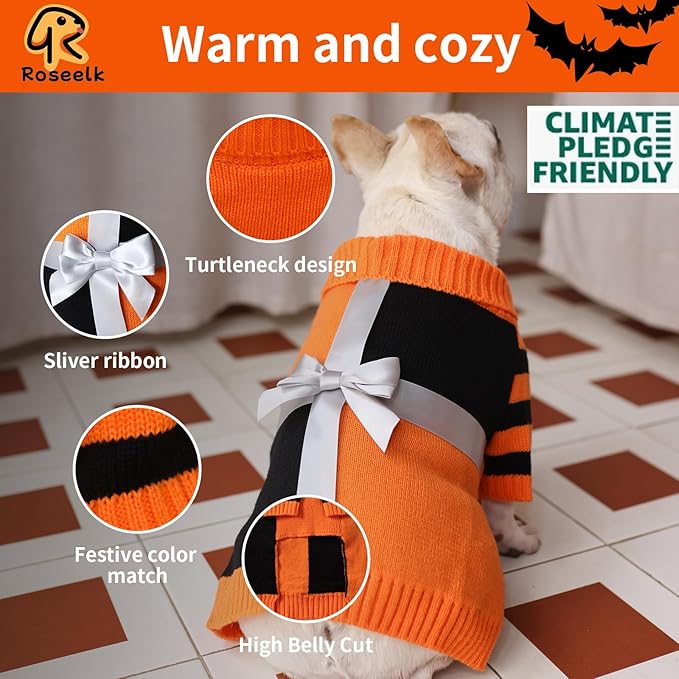 Dog Halloween Sweater for Small Size Dog - Puppy Gift Medium Warm Pumpkin Clothes in Winter, Turtleneck Pullover Design for Male Girl Pet, Doggies, Cat, Kitten Pug Bulldog (S, Orange, Black) - PAWPICO