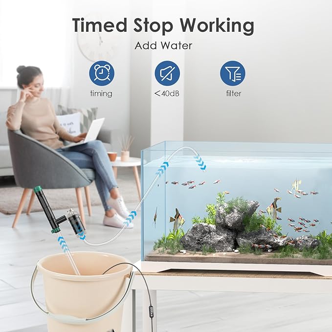 AKKEE Aquarium Vacuum Gravel Cleaner, 8 in 1 Multifunctional 36W Fish Tank Gravel Cleaner Vacuum for Water Changer Wash Sand Water Filter Circulation Aquarium Vacuum Cleaner Timed Off Waterproof AKKEE
