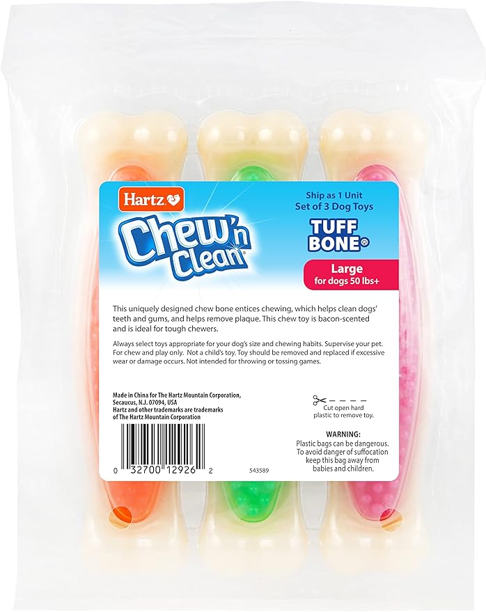Hartz Chew 'n Clean Tuff Bone Tough Dog Chew Toy, Large 3 Pack - PAWPICO