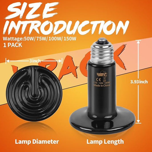 LUCKY HERP Reptile Heat Lamp - 100W Ceramic Heat Emitter Reptile Heat Lamp Bulbs (1 Pack), No Light Ceramic Heat Bulb, Ceramic Heat Lamp for Reptiles Amphibian Chicken Pet Brooder Coop Lizard Turtle LUCKYHERP