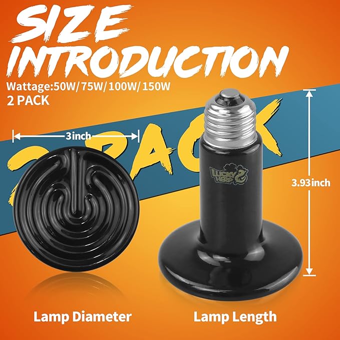 LUCKY HERP 150W Ceramic Heat Emitter, Reptile Heat Bulbs, Yellow Ceramic Heat Lamp for Reptiles, Amphibian, Chicken, Dog, Cat (2-Pack) LUCKYHERP