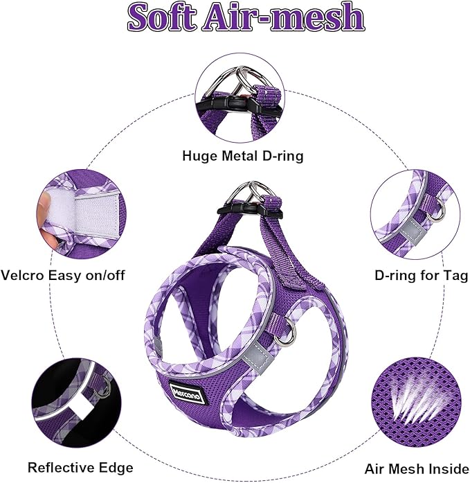 Mercano Soft Mesh Dog Harness and Leash Set, No-Chock Step-in Reflective Breathable Lightweight Easy Walk Vest Harnesses with Safety Buckle for Small Medium Dogs, Cats (L, Purple) PAWPICO