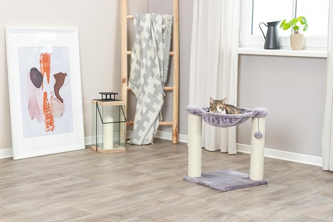 TRIXIE Baza 20-in Cat Scratching Posts, Durable Jute Cat Scratcher with Plush Hammock and Dangling Cat Toy, Gray - PAWPICO