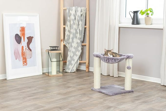TRIXIE Baza 20-in Cat Scratching Posts, Durable Jute Cat Scratcher with Plush Hammock and Dangling Cat Toy, Gray - PAWPICO