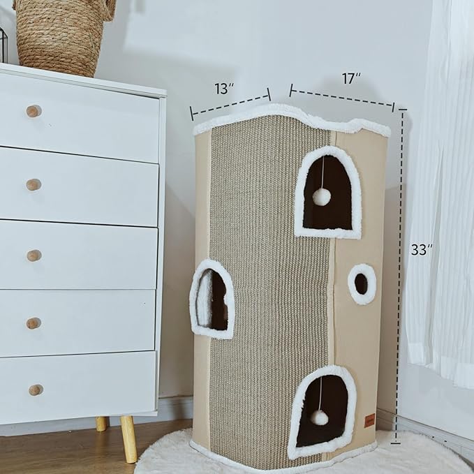 4-Level Cat House for Indoor Cats, Large Adult Cat Peekaboo Cave Bed Cats Cube Houses with Scratch Pad Cat Towers Cute Kitten Condo Hideaway Hut for Multi Pets Under 55 lbs Beige - PAWPICO