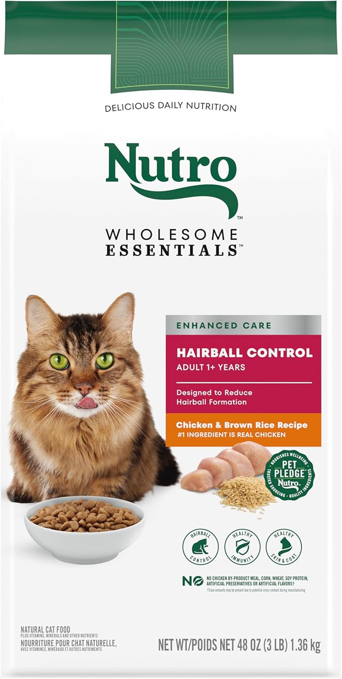 NUTRO WHOLESOME ESSENTIALS Adult Hairball Control Natural Dry Cat Food Farm-Raised Chicken & Brown Rice Recipe, 3 lb. Bag - PAWPICO