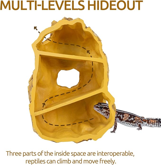 REPTIZOO Reptile Hide Hookable Multi-Levels Hideout Resin Reptile Cave Bearded Dragon Hideout Reptile Terrarium Accessories Decor for Reptiles, Amphibians, Snakes, Lizards,Leopard Gecko REPTIZOO