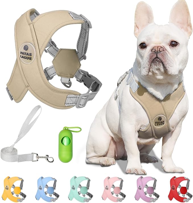 Patas Lague Dog Harness with Leash Set Adjustable Soft Padded Step-in Dog Vest No Choke No Pull Reflective for Small Medium Pets with Poop Bags and Dispenser, Solid and No-chew, Brown M PatasLague