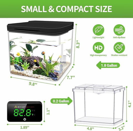 Small Fish Tank Kit, 1.8-Gal Aquarium Kit with Digital Thermometer and Temporary Tank, Self-Cleaning & 18 LED Lights, Lightweight & Shatter-Resistant Betta Fish Tank (Black) Moonorange