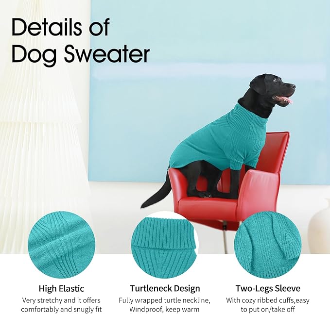 IECOii Extra-Large Dog Sweater 4XL,Christmas Dog Sweaters for Extra Large Dogs Girl Boy,Turtleneck Knitted Knitwear Easy On Doggie Sweatshirt Dog Sweater for Doberman,Great Dane(Lake-Green,XXXXL) - PAWPICO