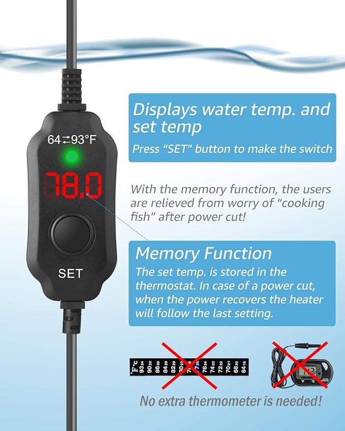 50W Adjustable Aquarium Heater Super Short Submersible Fish Tank Heater Fish Heater with LED Digital Display Thermostat, for Tanks 5-10 Gallons FUMAK