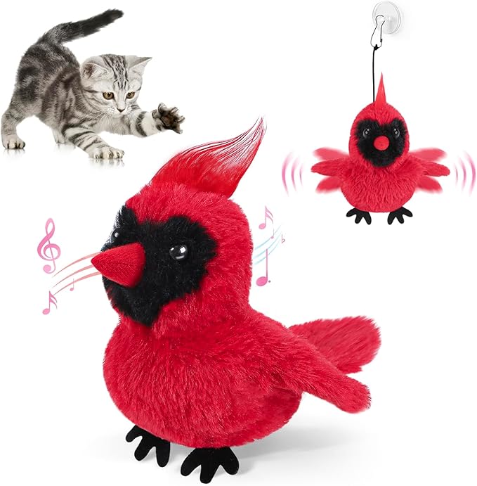 Flapping Cardinal Cat Toys, Interactive Cat Exercise Toy with Lifelike Bird Chirp, USB Rechargeable Automatic Cat Kicker Catnip Toys for Bored Indoor Adult Cats Kittens - PAWPICO