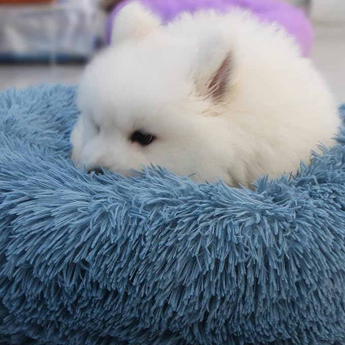 Comfy Calming Dogs Bed for Deep Sleep Small Puppy ,Puppy Bed with Fluffy Donut is for Anxiety Small Dogs,19" Round Soft Faux Fur Pet Bed for Small Dogs Under 15 lbs Machine Washable Blue - PAWPICO