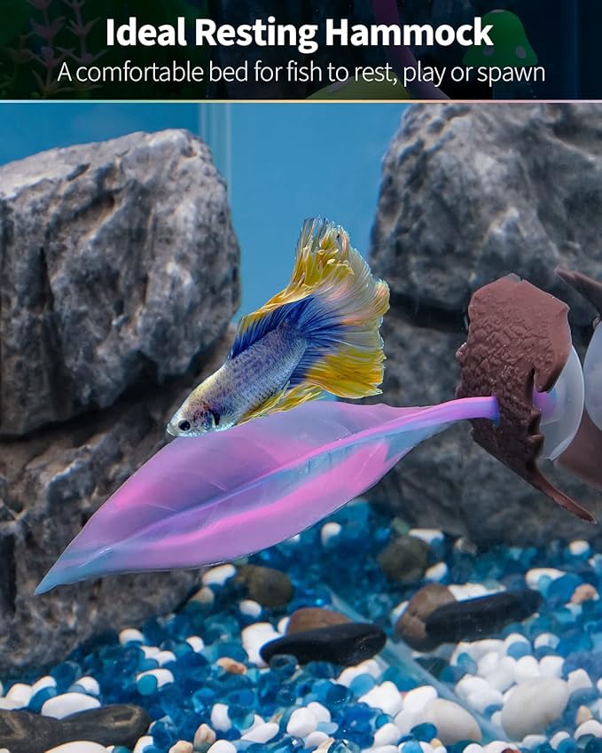 Uniclife Betta Leaf Hammock Soft Aquarium Rest Bed Fish Breeding Playing Pad with Suction Cup and Lifelike Bark Ornament Colorful Silicone Decoration for Fish Tank Landscape, 2 Pack UnicLife