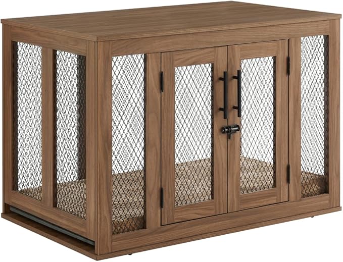 unipaws Furniture Dog Crate with Tray for Medium Dogs, Indoor Aesthetic Puppy Kennel Pet House Dog Cage with Door, Modern Decorative Wood Pretty Cute Fancy End Side Table Nightstand, Walmut - PAWPICO