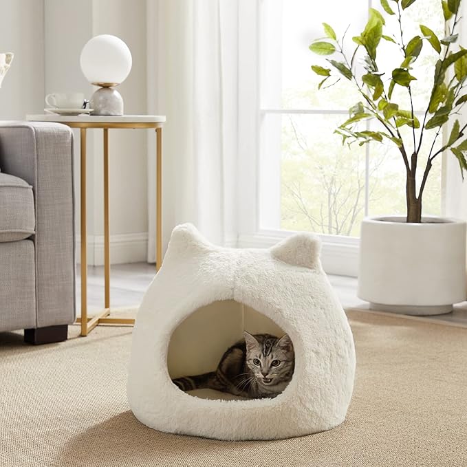 Best Friends by Sheri Meow Hut in Fur Cover Dome Cat and Dog Bed, Ivory, Small - PAWPICO