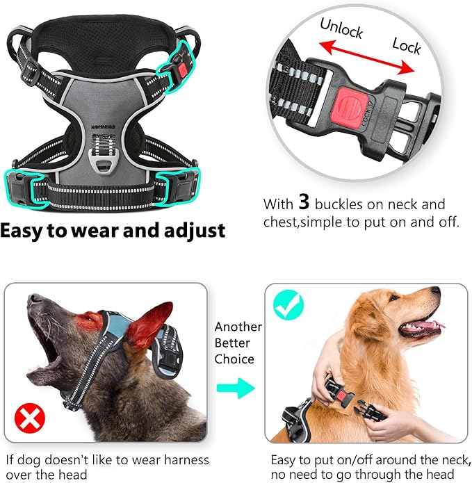 Timos Dog Harness Small Sized, No Pull Dog Harness with Neck Lockable Snap,No Choke Front Clip Dog Reflective Harness,Adjustable Metal Rings 3 Buckles,Easy Control Handle for Small Dogs Gray S Timos