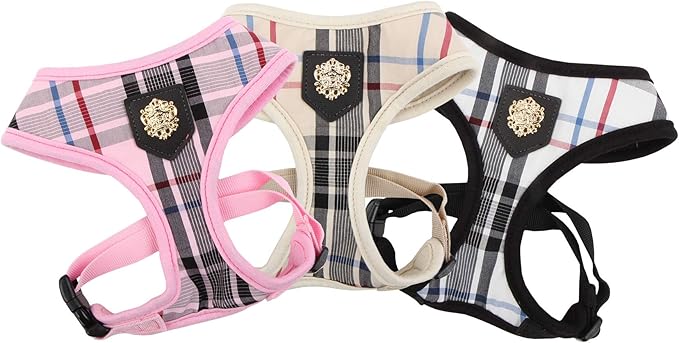 puppia Junior Over-The-Head Dog Harness Checkered Pattern No Choke No Pull Adjustable Chest Belt Walking Training for Small and Medium Dog, X-Small, Pink PUPPIA
