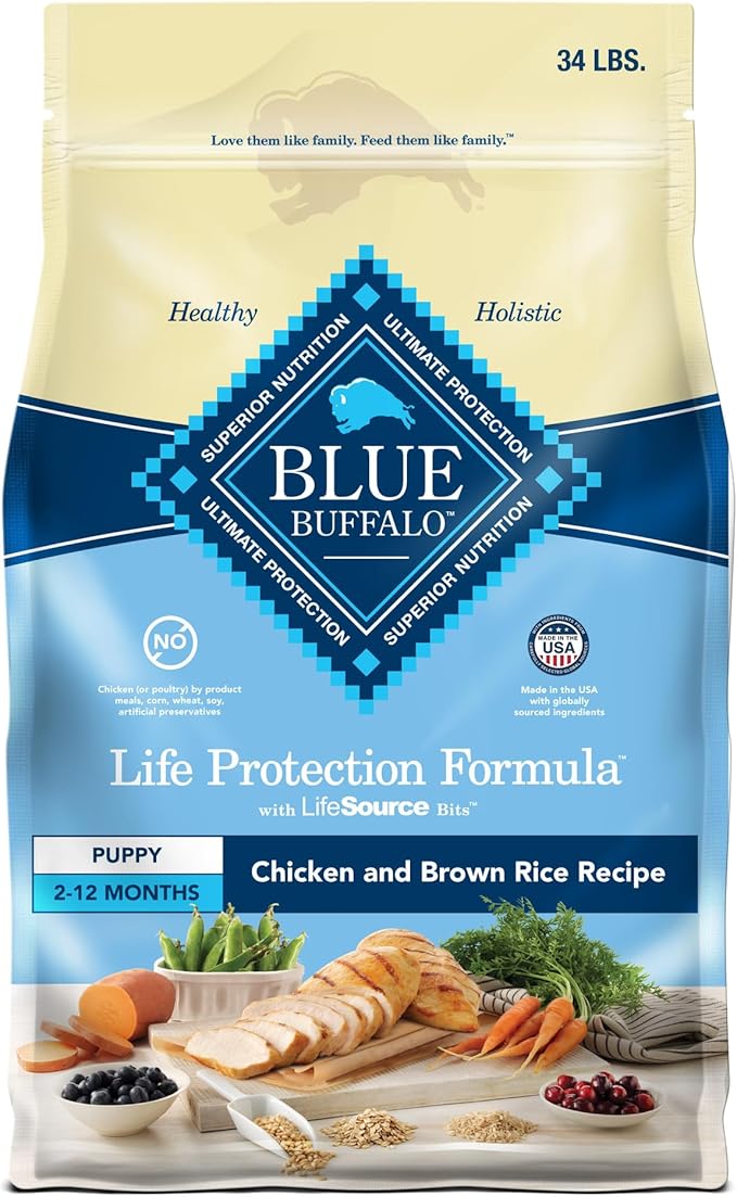 Blue Buffalo Life Protection Formula Puppy Dry Dog Food with DHA and ARA, Made with Natural Ingredients, Chicken & Brown Rice Recipe, 34-lb Bag - PAWPICO